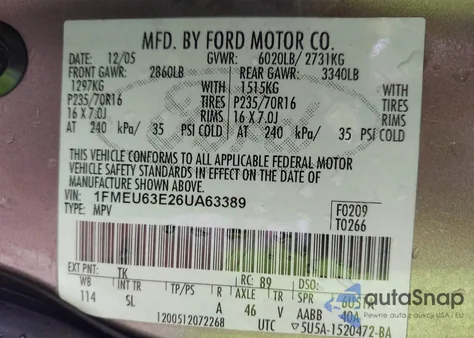 2006 Ford Explorer Xlt from USA, damaged, VIN 1FMEU63E26UA63389
